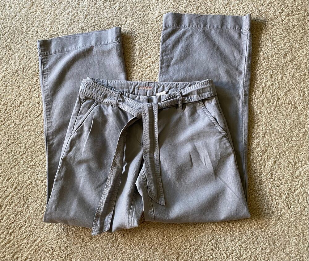 J.Crew City Fit Linen Cotton Pants 0 Gray Wide Leg Belted 30.5" Inseam